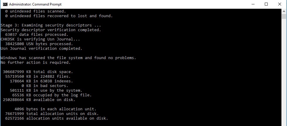 Chkdsk CMD Window after scanning drive