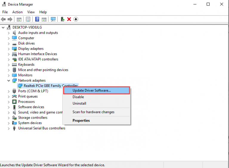 Update driver option in Device Manager