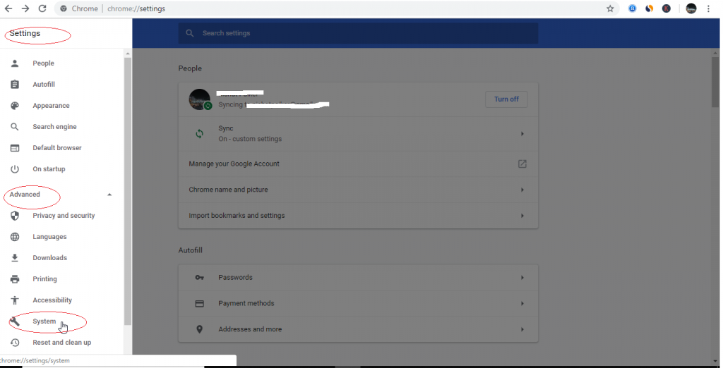 Click on 'System' under 'Settings' in Chrome