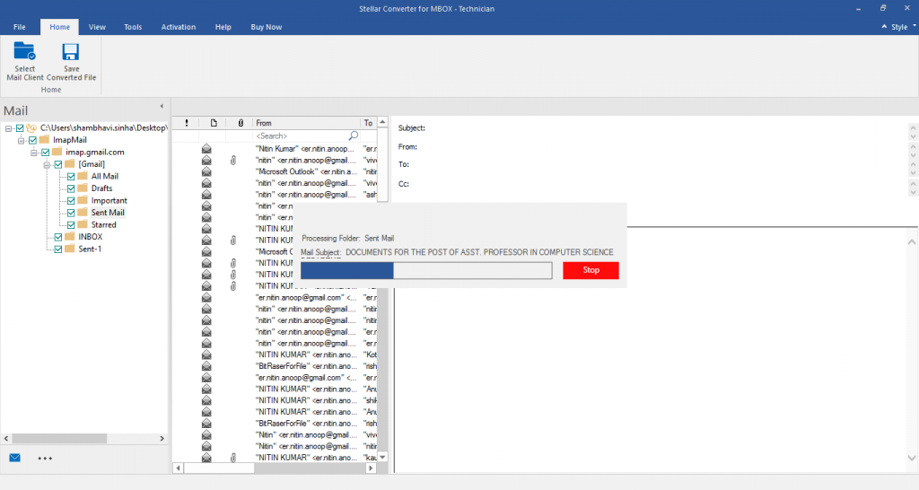 Checkbox select desired files, find MBOX file, initiate conversion.