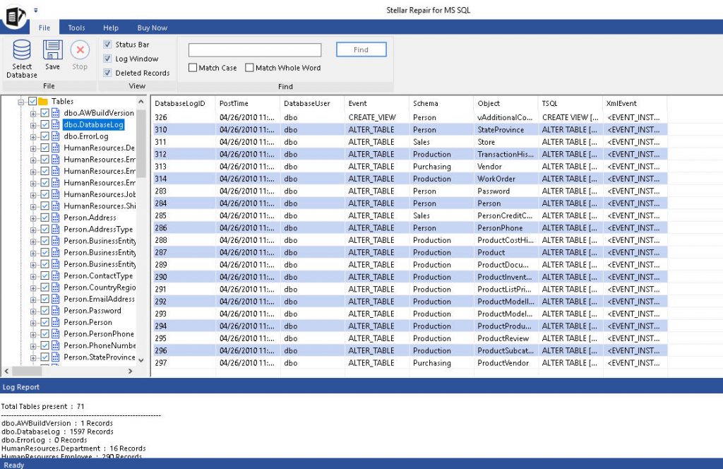 Preview of the repaired database file