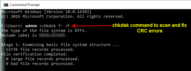 run chkdsk command in command prompt to fix and scan CRC errors