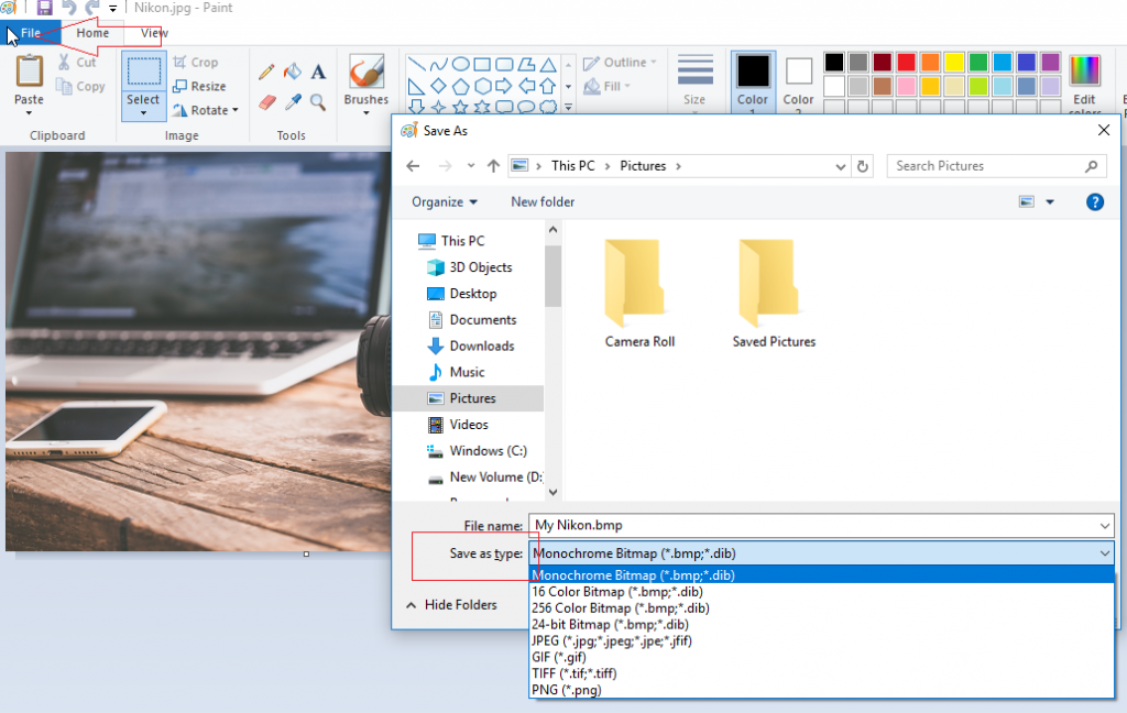 Convert image file format in Windows Paint