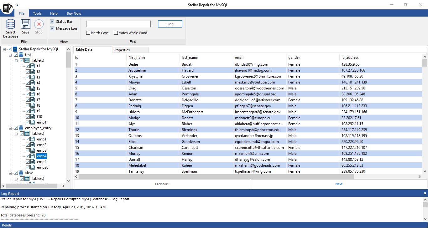 List of repaired database files displayed post repair.