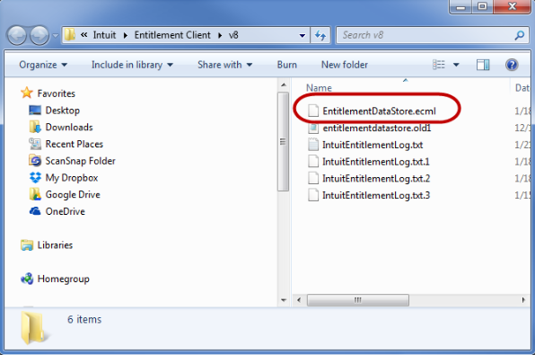Delete the QuickBooks entitlementDataStore.ecml file