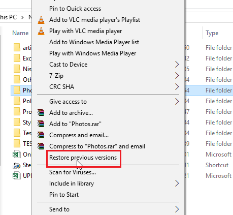 Windows Folder Restore ‘Previous Versions’