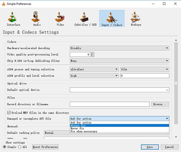 Input & Codecs > Damaged or incomplete AVI file