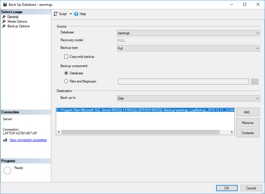 Back UP database window