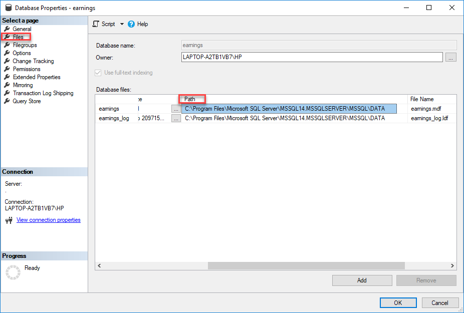 Database Properties option window