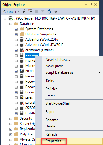 Selecting Database Properties option by right-click the database 