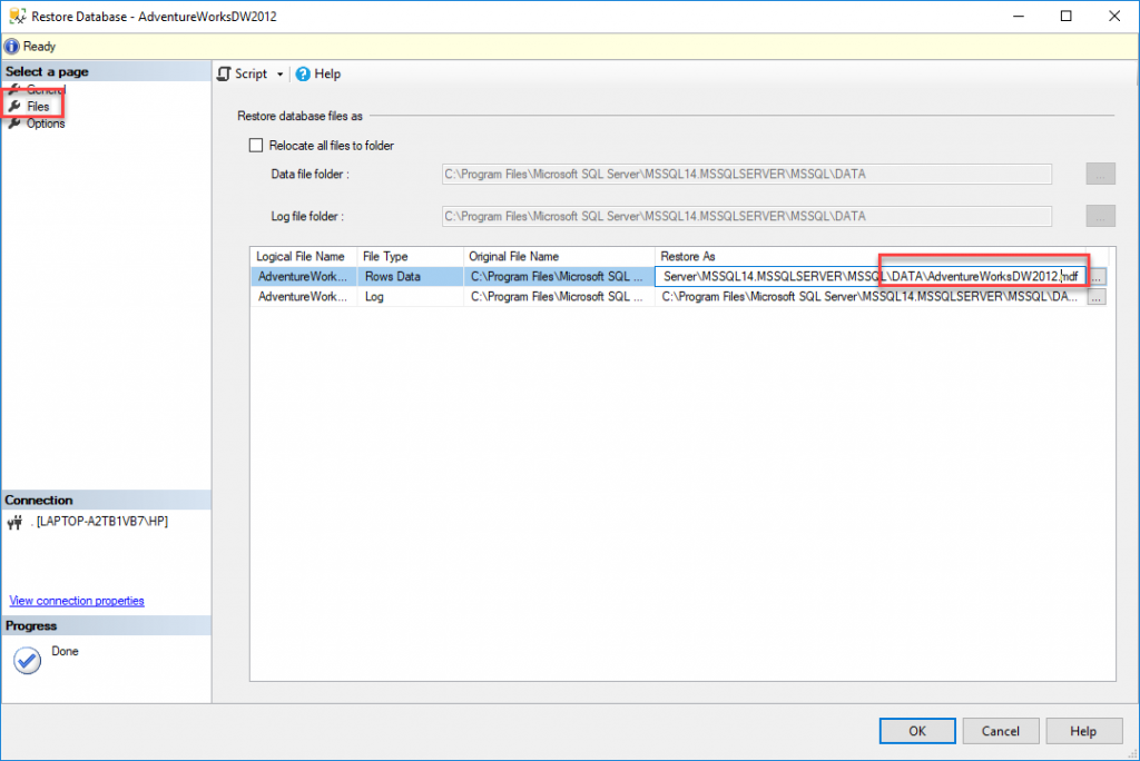 path for the MDF and LDF files