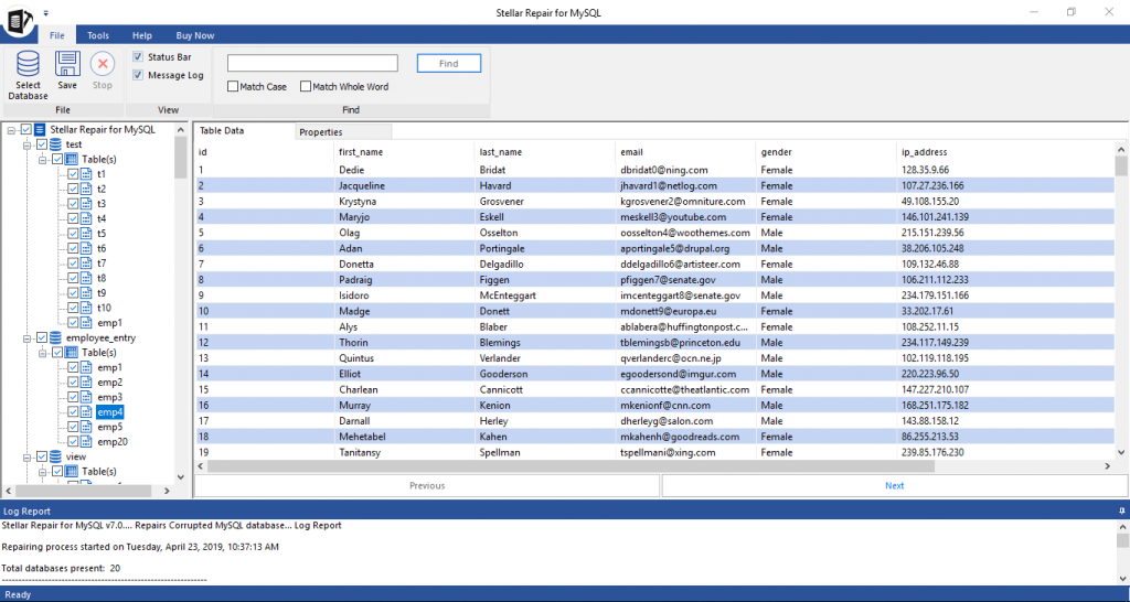 Screenshot displaying instructions to click OK for starting repair process with a subsequent view of recoverable objects listed in the software's left-hand panel for selection and preview.