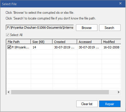 Select excel file