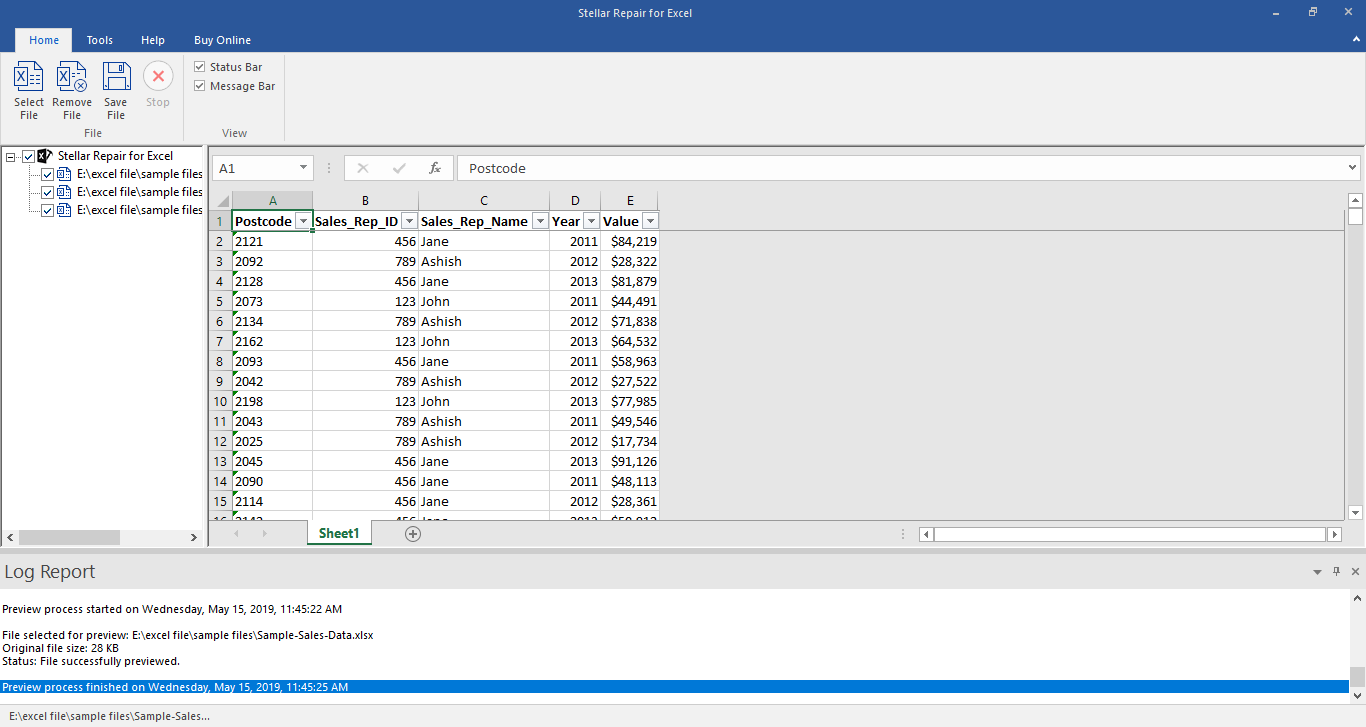 Preview of repaired Excel file   