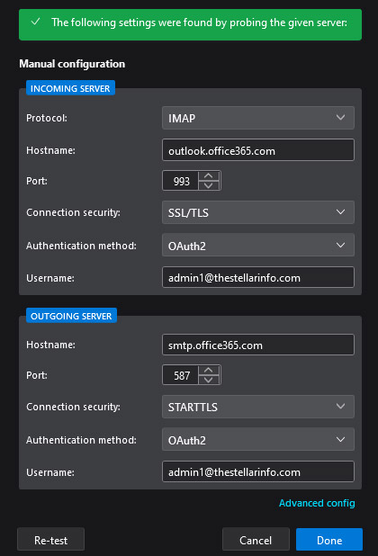 Click Re-test to test the settings