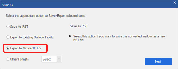 Choose the Export to Microsoft 365 option