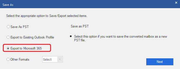 Choose the Export to Microsoft 365 option in the Save As