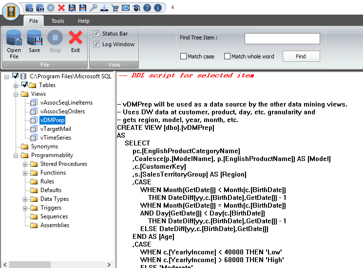 the T-SQL code of the views