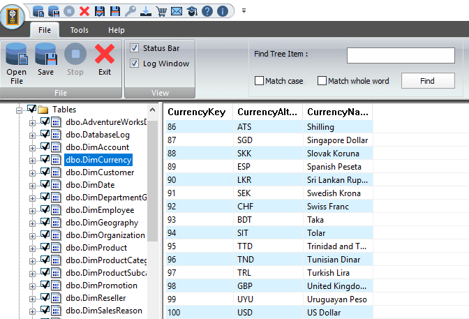 Preview of data inside the table