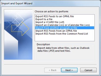 Select Import: 'Import from another program' in wizard.