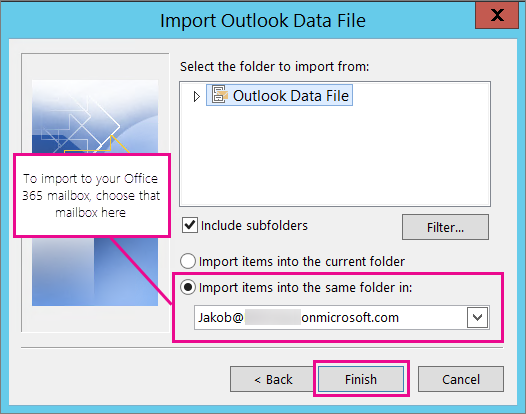 Select Outlook PST, Browse, Import, Finish.