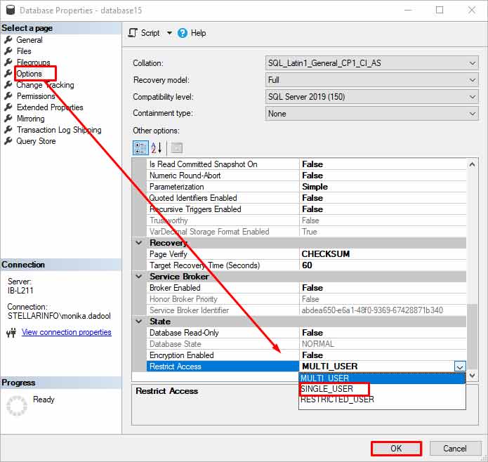Opening Option page to click Restrict Access to select Single_user