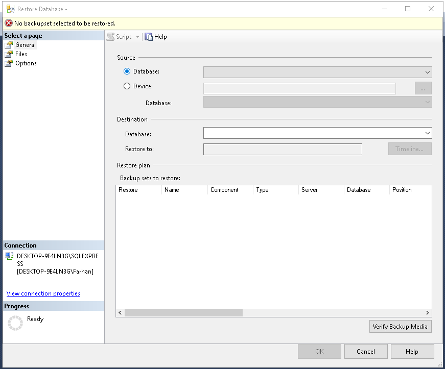 Restore Database window