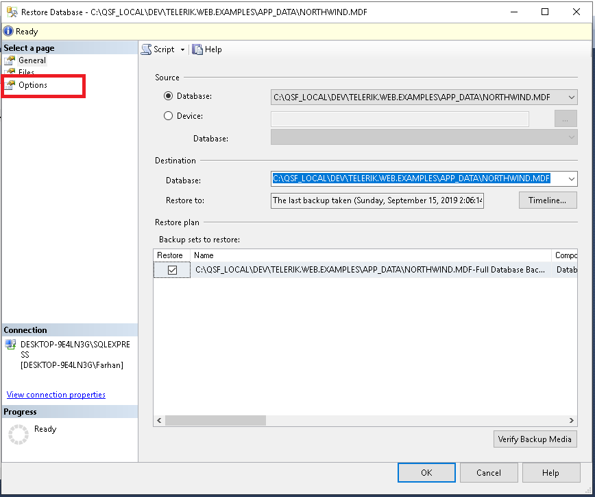 Right-click on the database and select Restore Database option (screenshot 3) and select the database backup file. Select the Options