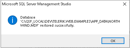 Instruction window opens from MS SQL Server Management Studio showing "database restored successfully" message