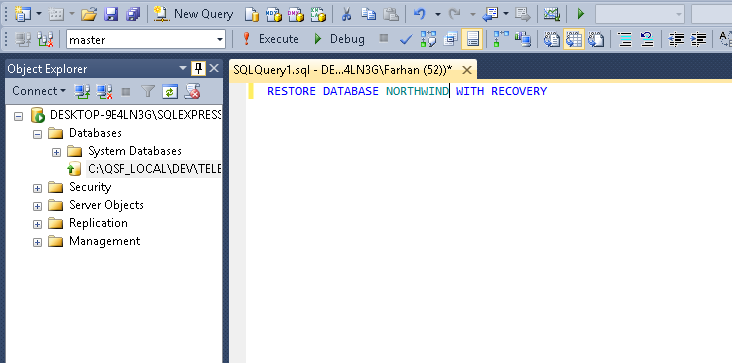 ?RESTORE DATABASE DB_NAME WITH RECOVERY? query window