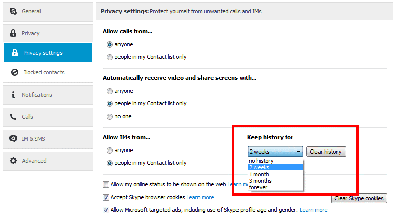 delete skype message history