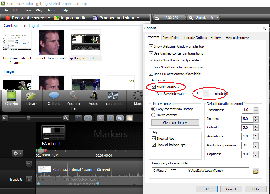 AutoSave option in Camtasia