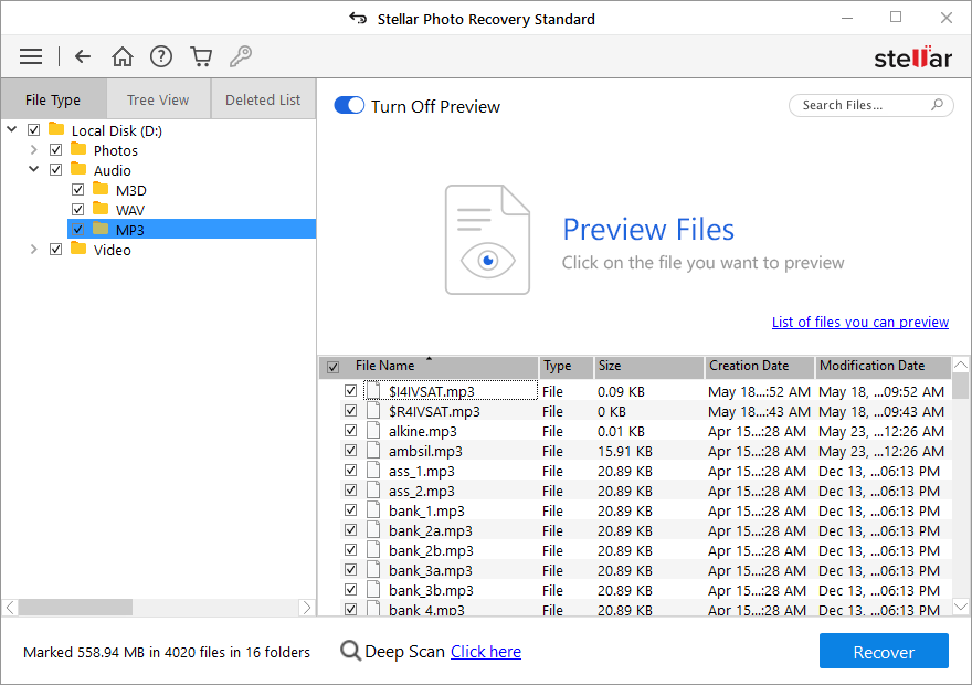 Stellar Photo Recovery - Select and Preview your audio recording