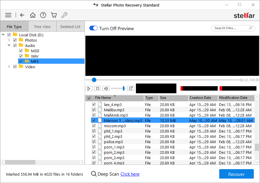 Stellar Photo Recovery - Show preview of recover and save the audio file