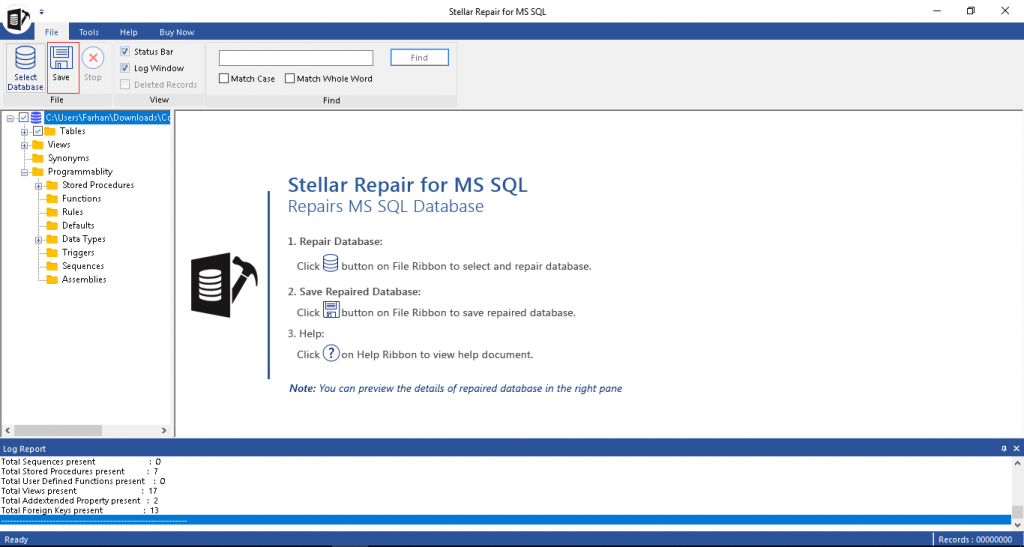 Stellar Toolkit for MS SQL - repaired database