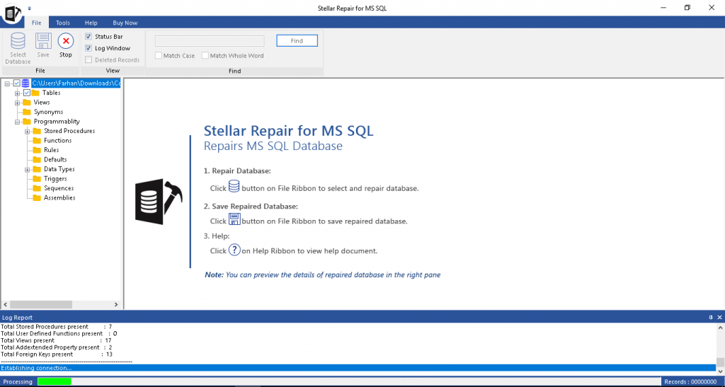 Stellar Toolkit for MS SQL - SQL Database is successfully saved