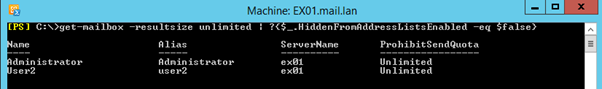 Command: get-mailbox -resultsize unlimited | ?{$_.HiddenFromAddressListsEnabled -eq $false}