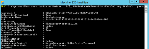 Command: get-mailbox -resultsize unlimited | ?{$_.HiddenFromAddressListsEnabled -eq $false} | get-user | select *