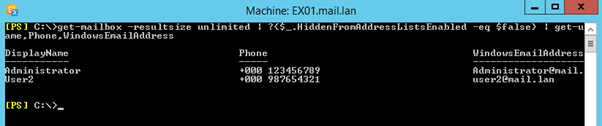 Command: get-mailbox -resultsize unlimited | ?{$_.HiddenFromAddressListsEnabled -eq $false} | get-user | select DisplayName,Phone,WindowsEmailAddress