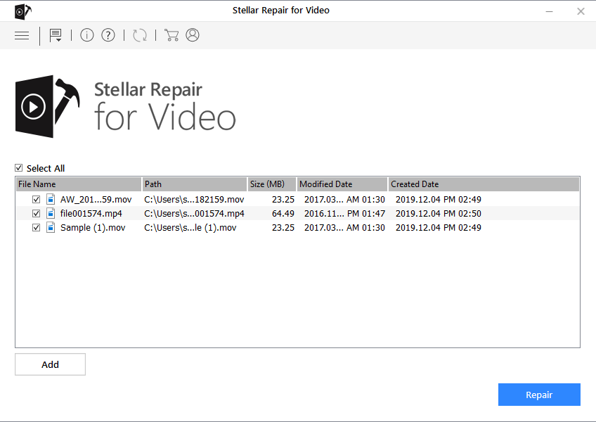 Stellar Repair for Video - Add Files