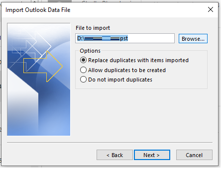 click Browse to choose the converted PST file 