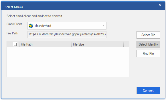 Select Identity to select the MBOX file