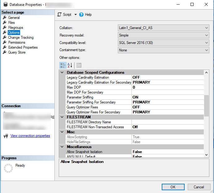 Database Properties window