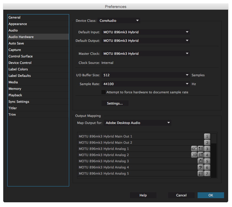 Premiere Pro Audio Hardware settings window on Mac