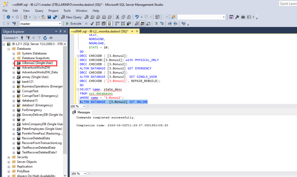 Changing SQL Database State To Online