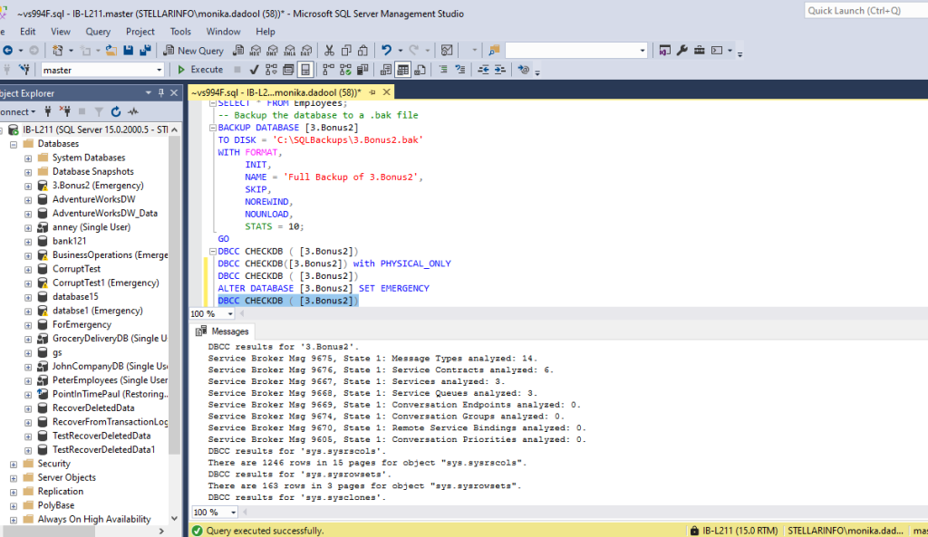 Checking SQL Database  Using DBCC CHECKD After Repair