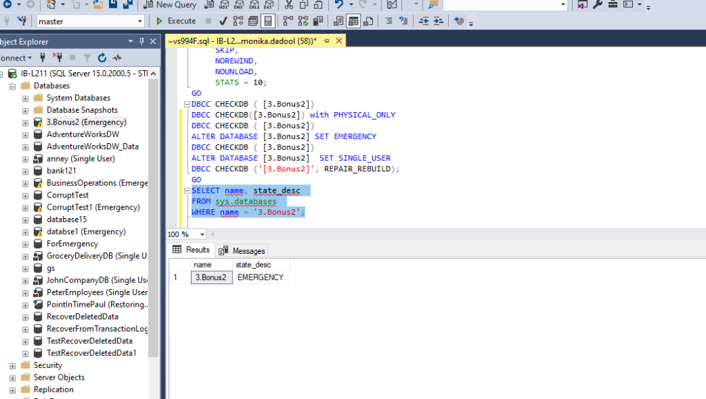 Checking State Of SQL Database