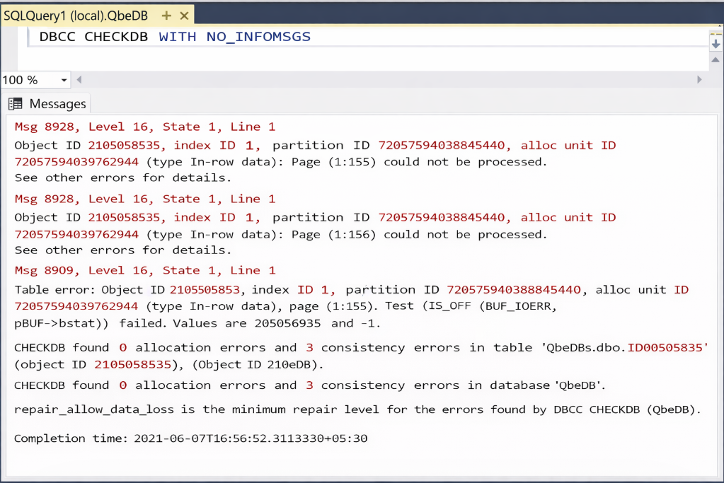 DBCC CHECKDB Output  With Errors