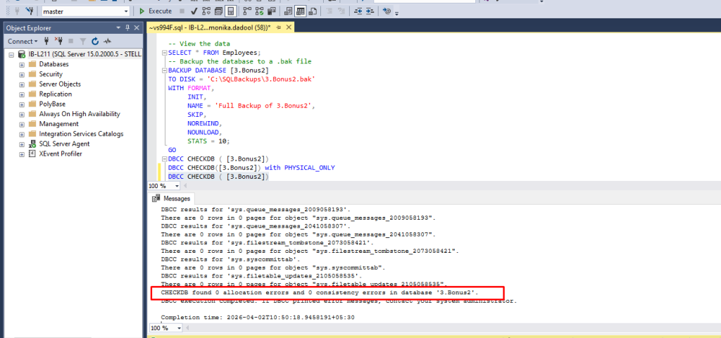 DBCC CHECKDB  output with o errors