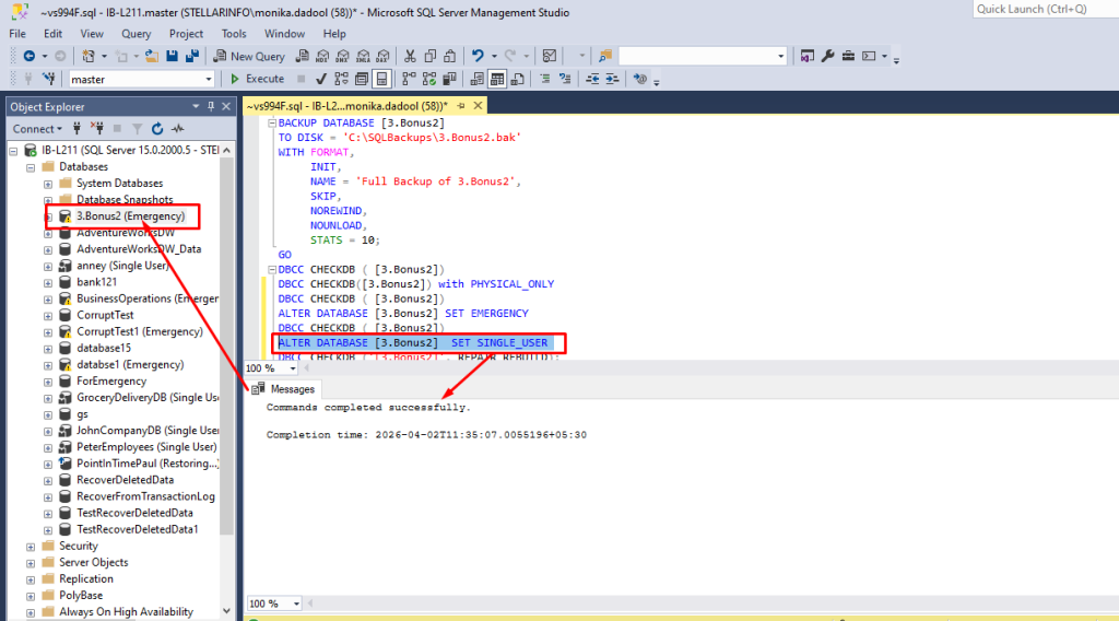 Fail to Set Database to SINGLE_USER Mode Its Stuck in Emergency Mode